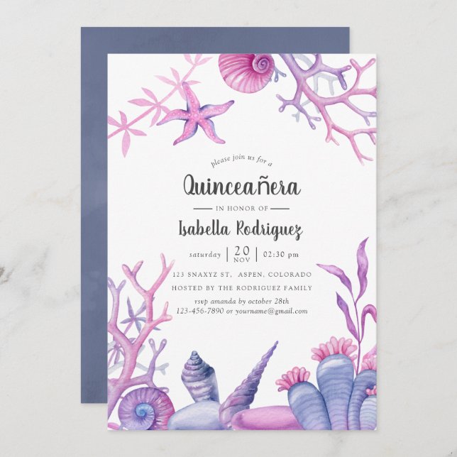 Invitación Watercolor Ocean Life Quinceañera (Anverso / Reverso)