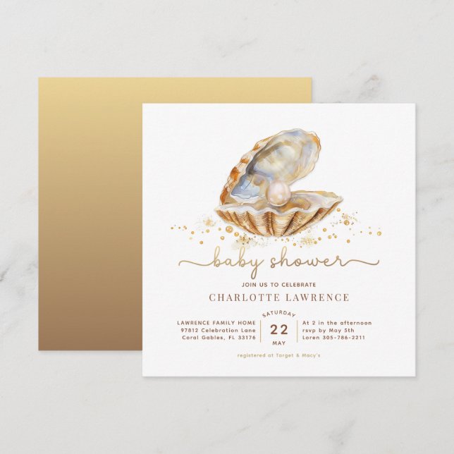 Invitación Watercolor Ocean Little Pearl Baby Shower (Anverso / Reverso)