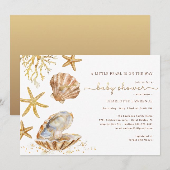 Invitación Watercolor Ocean Little Pearl Baby Shower (Anverso / Reverso)
