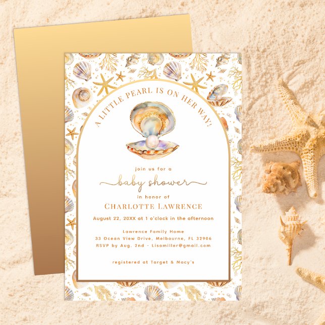Invitación Watercolor Ocean Little Pearl Baby Shower (Little Pearl Baby Shower Invitation )