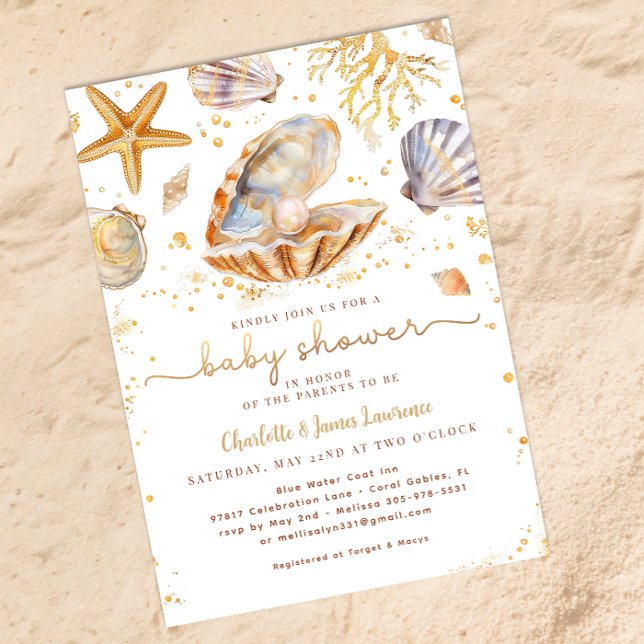 Invitación Watercolor Ocean Little Pearl Baby Shower (Golden Summer Baby Shower)
