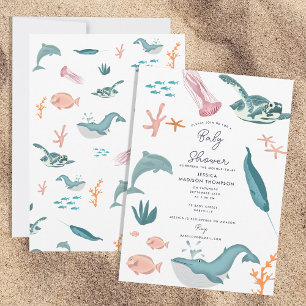 Invitación Watercolor Ocean Sea Animals Baby Shower