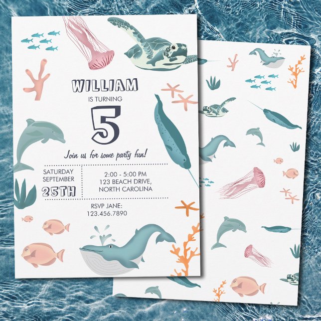 Invitación Watercolor Ocean Sea Animals Fiesta de cumpleaños (Watercolor Ocean Sea Animals Birthday Party Invitation)