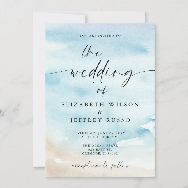 Invitación Watercolor Ocean Sea Summer Beach Wedding (Anverso)