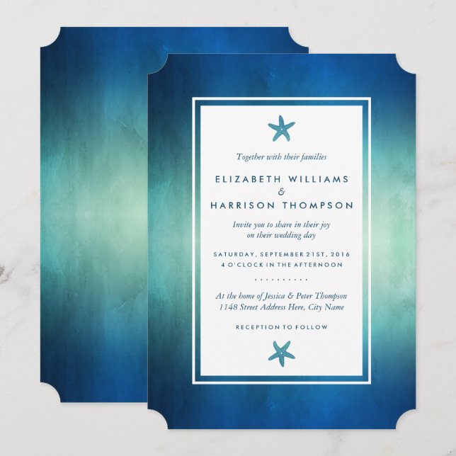 Invitación Watercolor Ocean Starfish Beach Wedding (Anverso / Reverso)