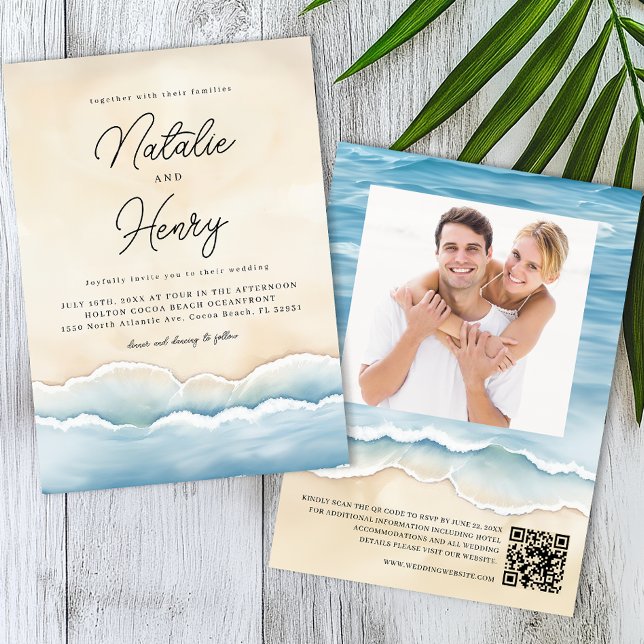 Invitación Watercolor Ocean Wave Beach Wedding Photo (Beach Wedding Invite)