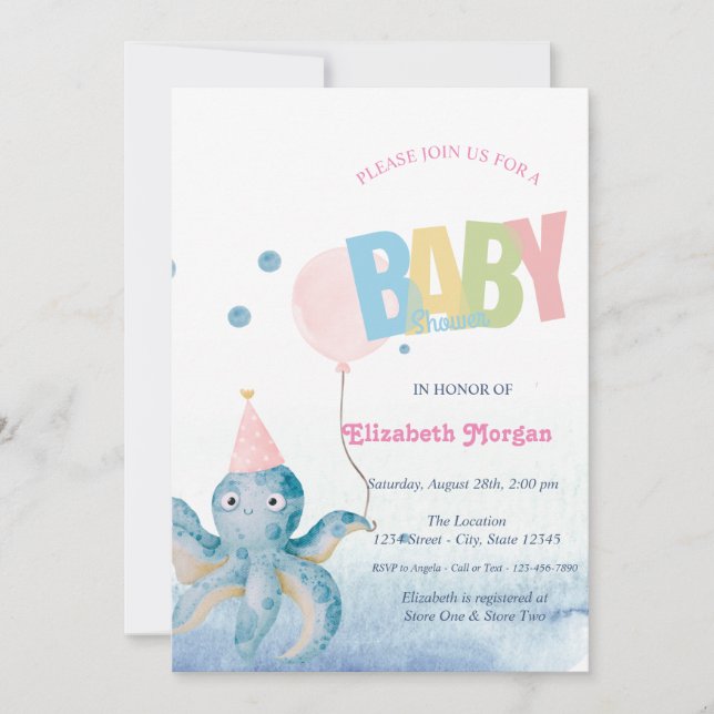 Invitación Watercolor Octopus Balloon Baby Shower (Anverso)