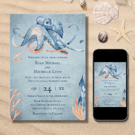 Invitación Watercolor Octopus Sea Life Beach Wedding