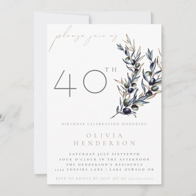 Invitación Watercolor Olive Branch Adult Birthday Invitation (Anverso)