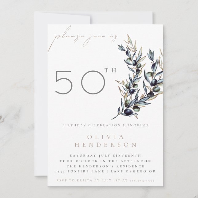 Invitación Watercolor Olive Branch Adult Birthday Invitation (Anverso)