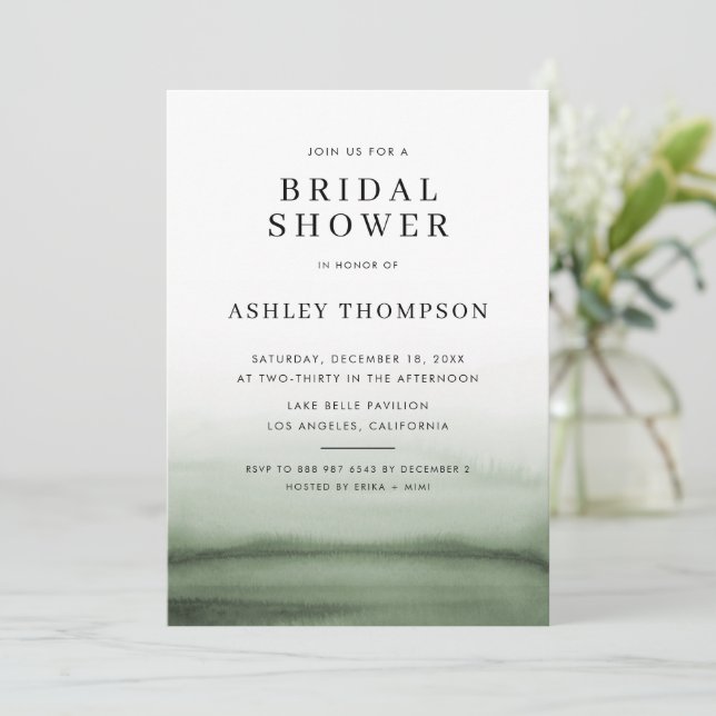 Invitación Watercolor Ombre Verde Moderno Ducha Bridal (Anverso de pie)