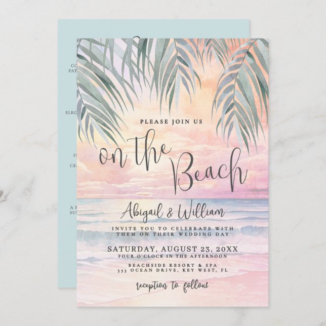 Invitación Watercolor On The Beach Wedding All In One (Anverso / Reverso)