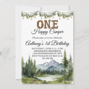 Invitación Watercolor One Happy Camper Mountain 1er cumpleaño