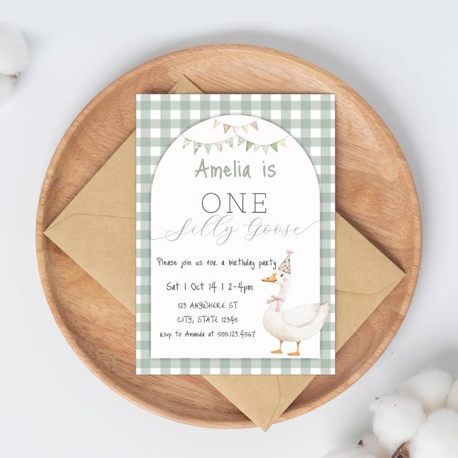 Invitación Watercolor One Silly Goose Gingham Primer Cumpleañ (Subido por el creador)