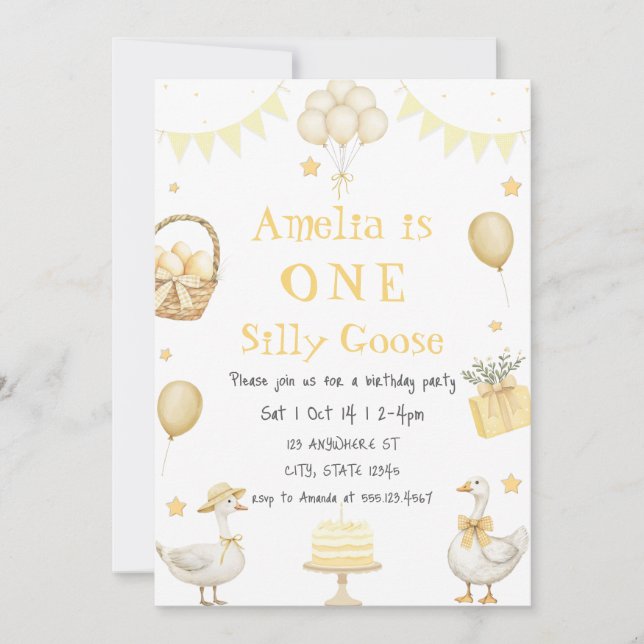 Invitación Watercolor One Silly Goose Naranja Gingham Birthda (Anverso)