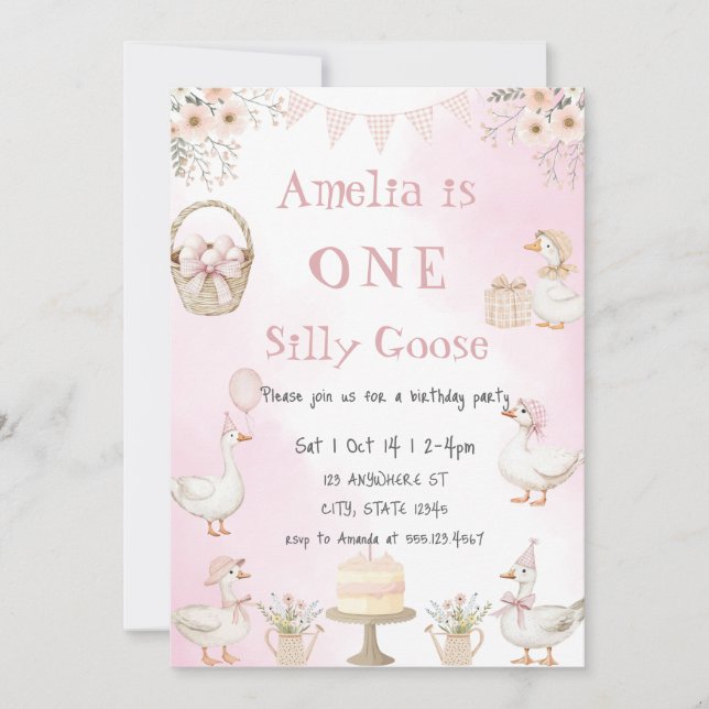 Invitación Watercolor One Silly Goose Pink Gingham Birthday (Anverso)