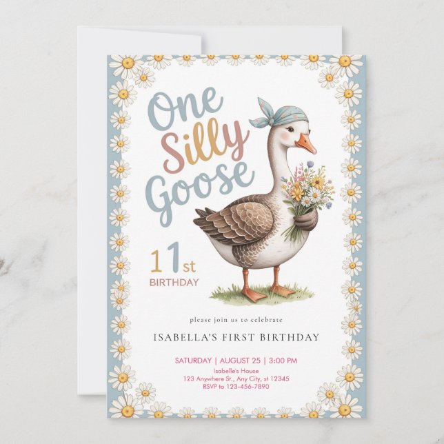 Invitación Watercolor One Silly Goose Wildflower 1st Birthday (Anverso)