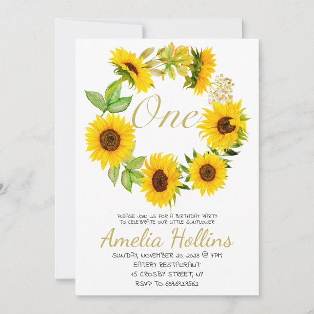 Invitación Watercolor ONE Sunflower Floral Birday Party (Anverso)