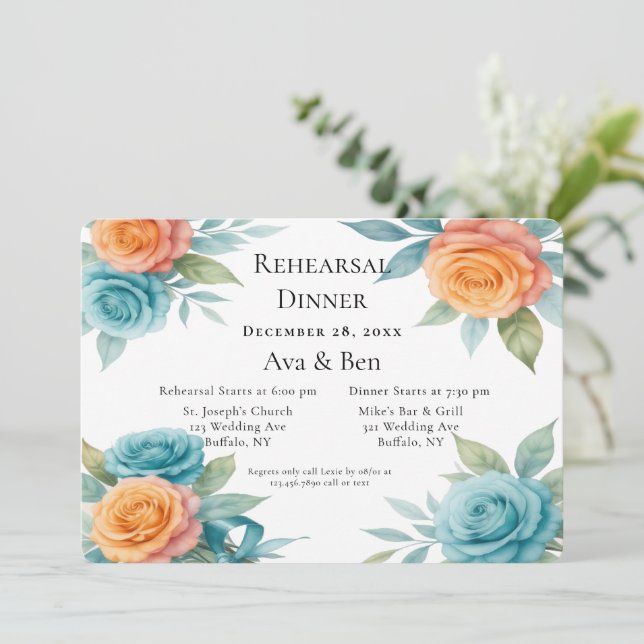 Invitación Watercolor orange and Teal Rehearsal Dinner (Anverso de pie)