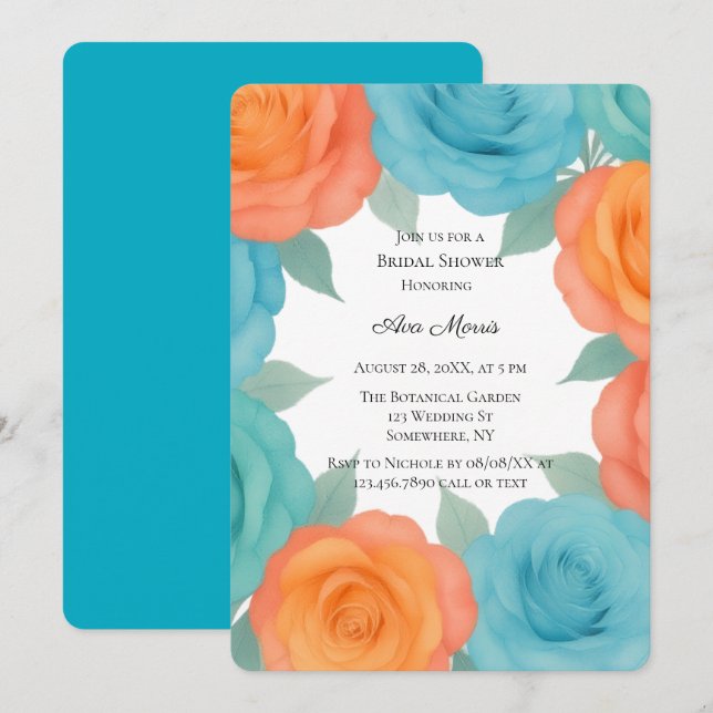 Invitación Watercolor Orange and Teal Roses Bridal Shower (Anverso / Reverso)