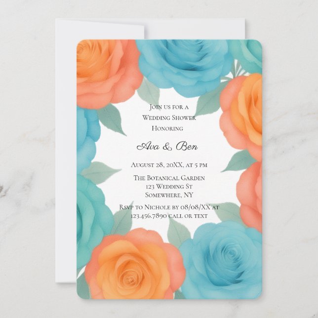 Invitación Watercolor Orange and Teal Roses Wedding Shower (Anverso)