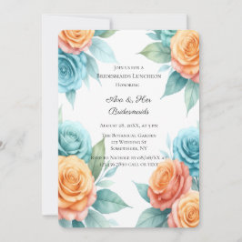 Invitación Watercolor Orange & Teal Roses Bridesmaids Lunch