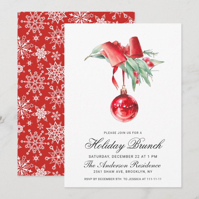 Invitación Watercolor Ornament NAVIDADES HOLIDAY BRUNCH (Anverso / Reverso)