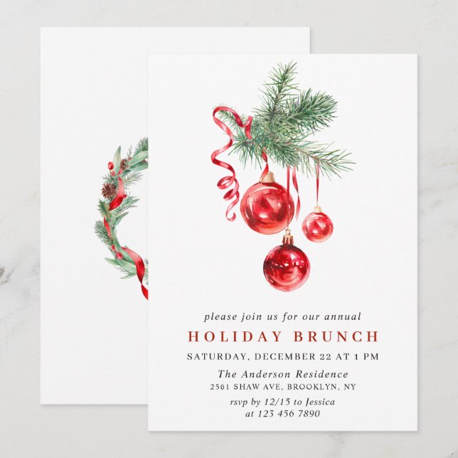 Invitación Watercolor Ornament NAVIDADES HOLIDAY BRUNCH (Anverso / Reverso)