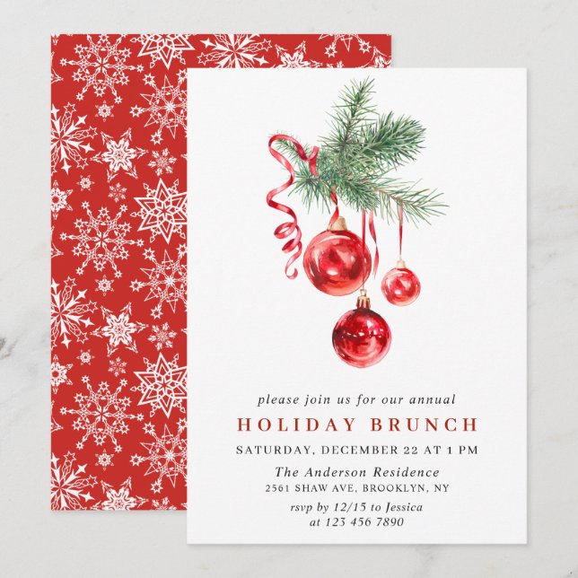 Invitación Watercolor Ornament NAVIDADES HOLIDAY BRUNCH (Anverso / Reverso)