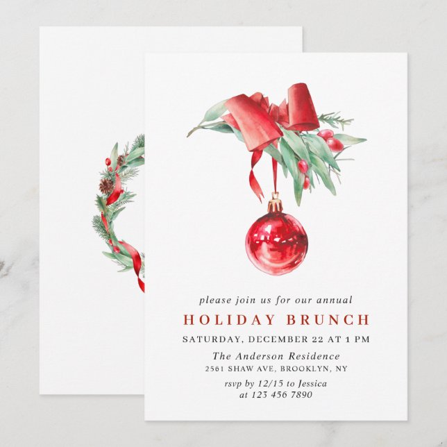 Invitación Watercolor Ornament NAVIDADES HOLIDAY BRUNCH (Anverso / Reverso)