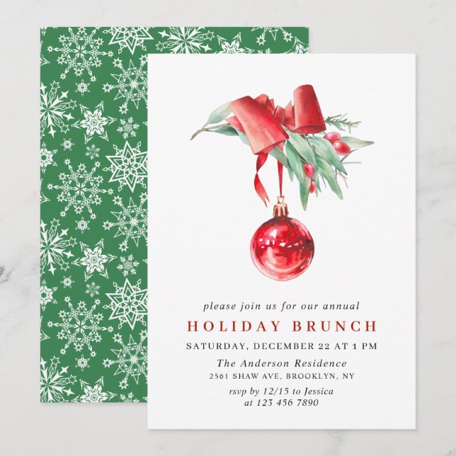 Invitación Watercolor Ornament NAVIDADES HOLIDAY BRUNCH (Anverso / Reverso)