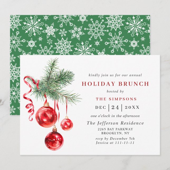 Invitación Watercolor Ornament NAVIDADES HOLIDAY BRUNCH (Anverso / Reverso)