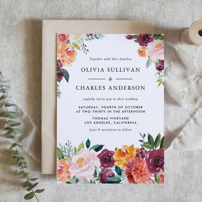 Invitación Watercolor Otoño Blooms Boda Caída Botánica (Watercolor Autumn Blooms Botanical Fall Wedding Invitation)