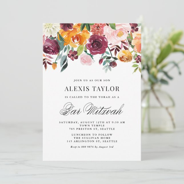 Invitación Watercolor Otoño Blooms Fall Bar Mitzvah (Anverso de pie)