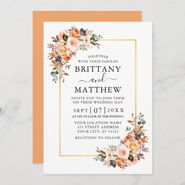 Invitación Watercolor Otoño Floral Gold Frame Boda Peach (Anverso / Reverso)