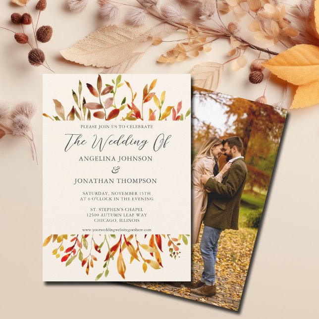 Invitación Watercolor Ototumn Leaves Foto Boda de Otoño (Subido por el creador)