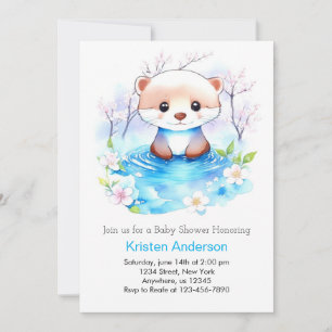 Invitación Watercolor Otter Blue Floral Boy Baby Shower