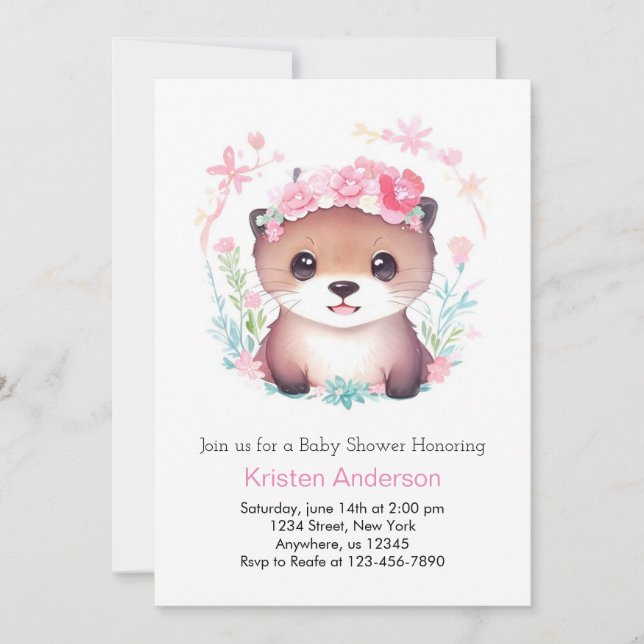 Invitación Watercolor Otter Wonderland Chica Baby Shower (Anverso)