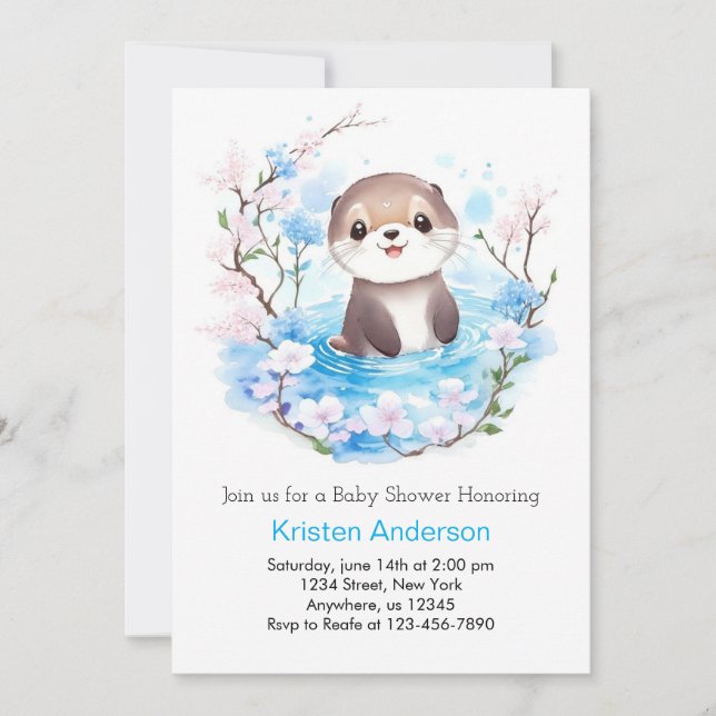 Invitación Watercolor Otter's Wonderland Boy Baby Shower (Anverso)