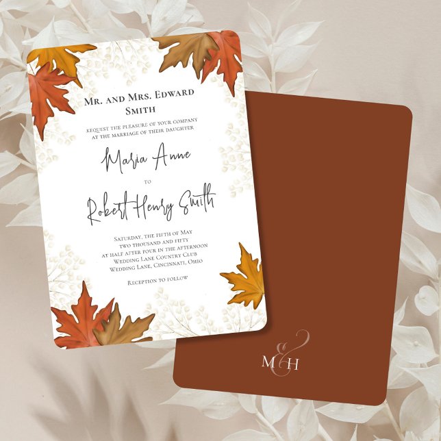 Invitación Watercolor Otumn Elegant Wedding (Fall wedding watercolor leaves custom invitation. )