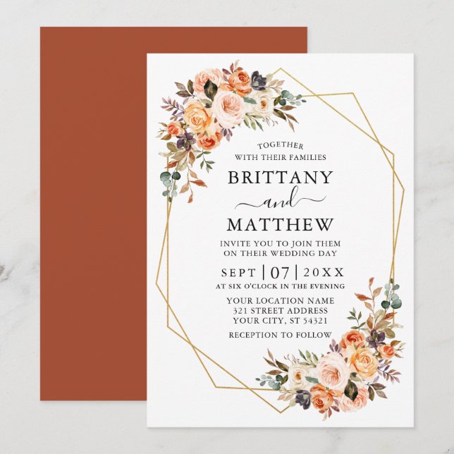 Invitación Watercolor Otumn Floral Geo Boda Terracotta (Anverso / Reverso)