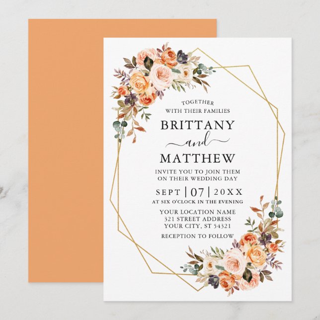 Invitación Watercolor Otumn Floral Geo Frame Boda Peach (Anverso / Reverso)