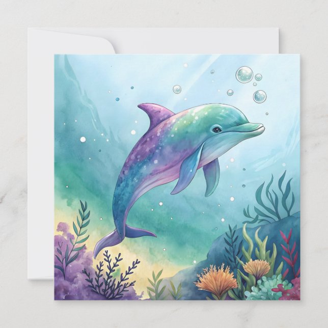 Invitación Watercolor painted dolphin (Anverso)