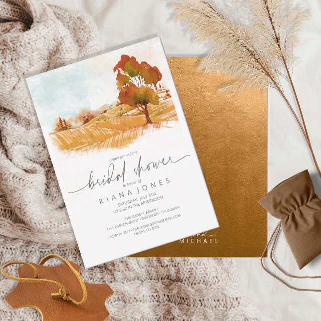 Invitación Watercolor Paisaje Bridal Shower Otoño ID786 (Front/Back In Situ)