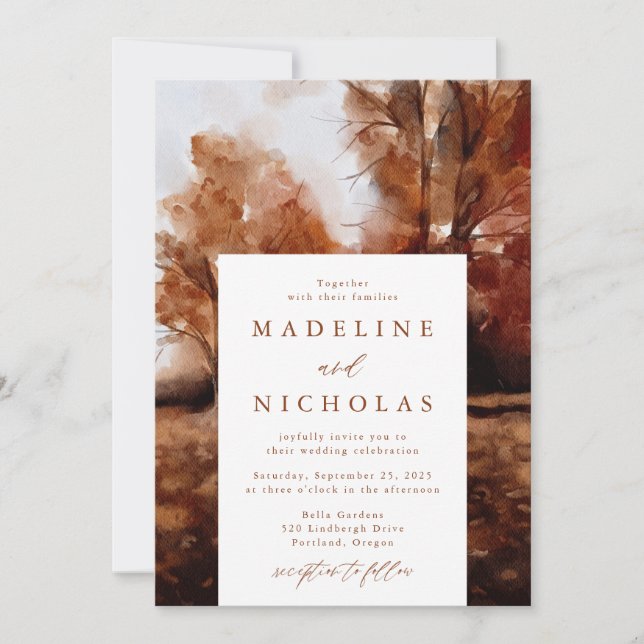 Invitación Watercolor Paisaje Otoño Boda Caída (Anverso)