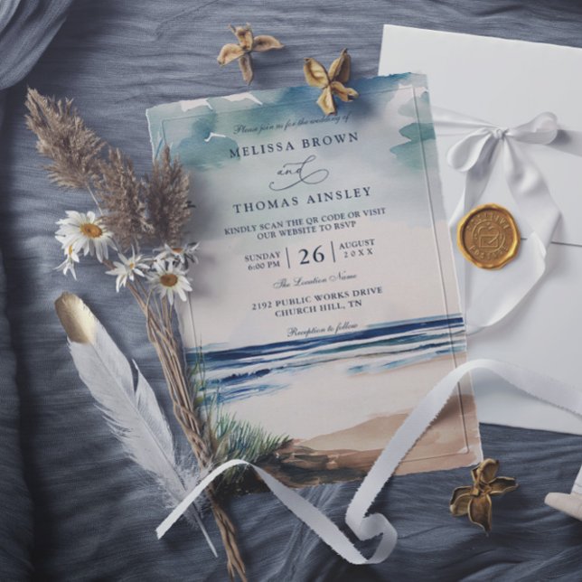 Invitación Watercolor Palm And Beach Grass QR Code Wedding (Subido por el creador)