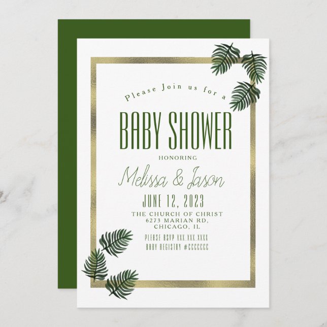 Invitación Watercolor Palm de Relieve metalizado Botánico tro (Anverso / Reverso)