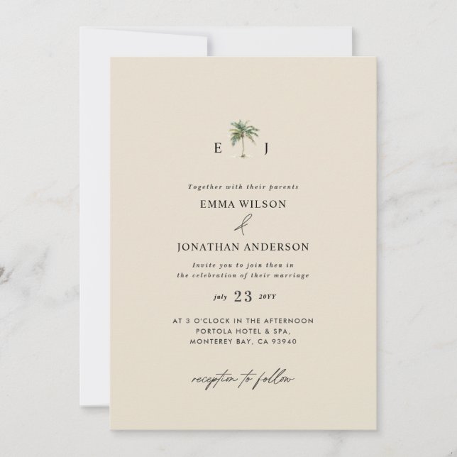 Invitación Watercolor Palm Tree Destination coastal Wedding  (Anverso)