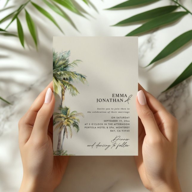 Invitación Watercolor Palm Tree Destination coastal Wedding  (Subido por el creador)