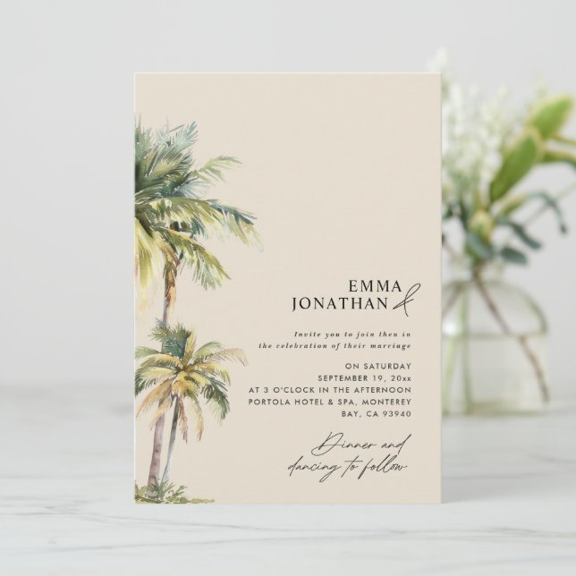 Invitación Watercolor Palm Tree Destination coastal Wedding  (Anverso de pie)